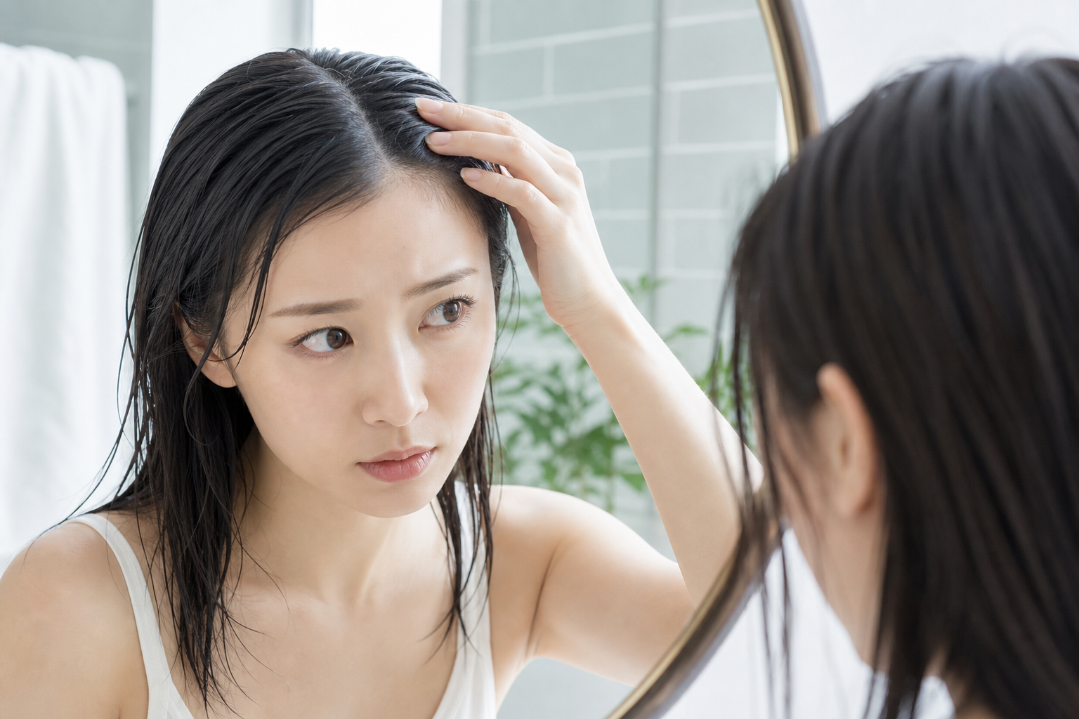 清潔にした髪の根元がべたついて見えないか確認する女性