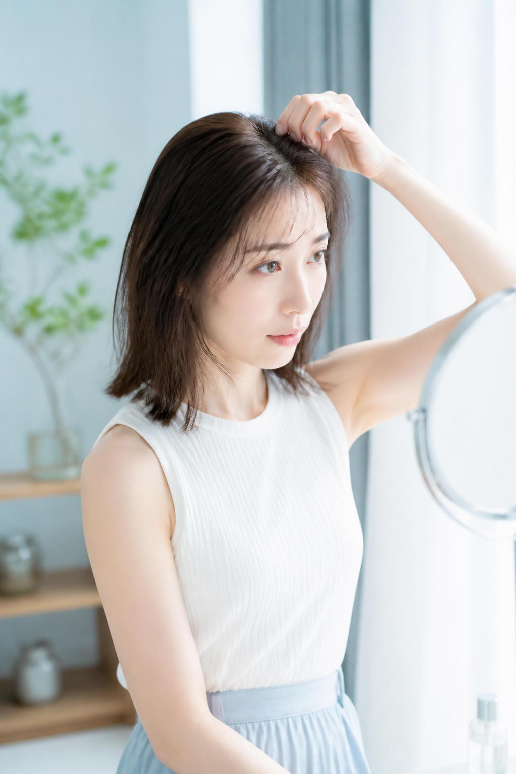 昼に鏡でトップのボリュームを確認する女性