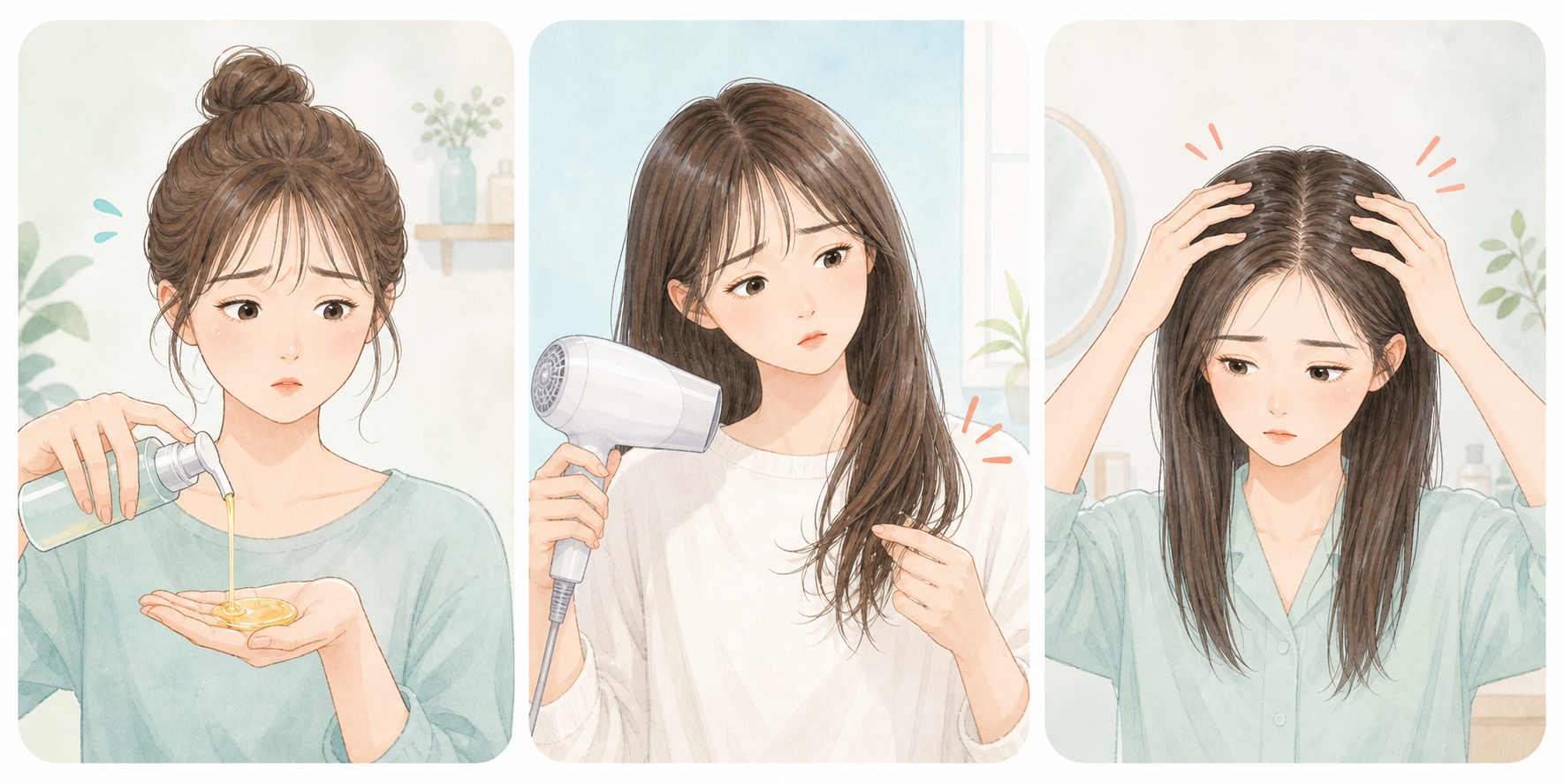 オイルの付けすぎ、何も付けない乾燥、根元まで塗る対処を表した3場面のイラスト