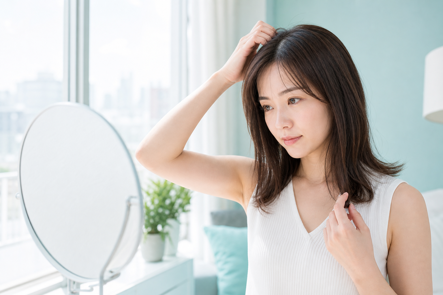 鏡の前で細く柔らかい髪のトップと毛先を確認する女性
