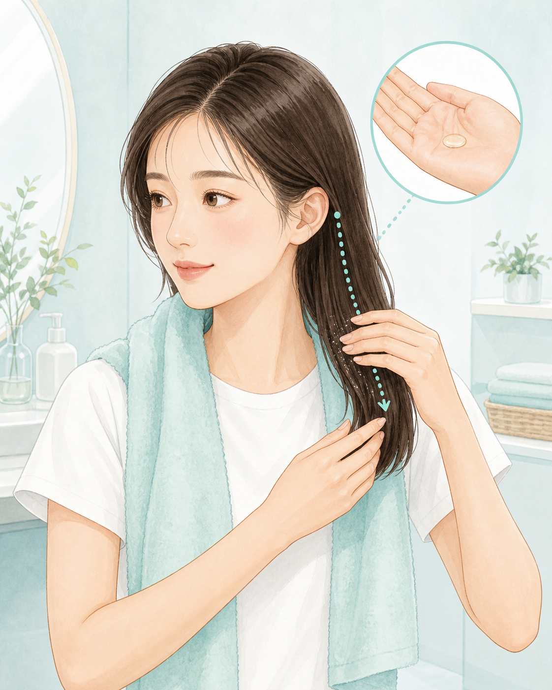 濡れた髪の中間から毛先へ少量をなじませる女性のイラスト