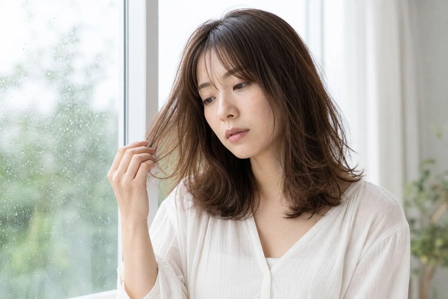 雨の日に髪の広がりを確認する女性