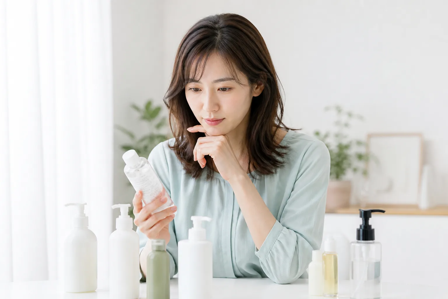 複数のヘアケア商品を比較する女性