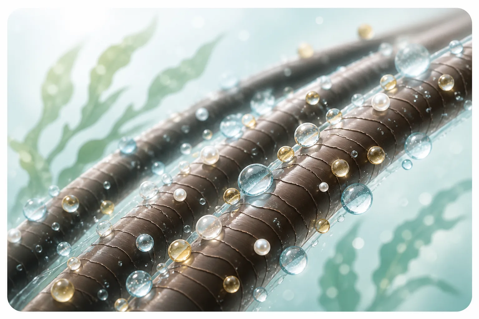 水分と油分を示す粒子が毛髪表面を包む様子を表した概念イラスト