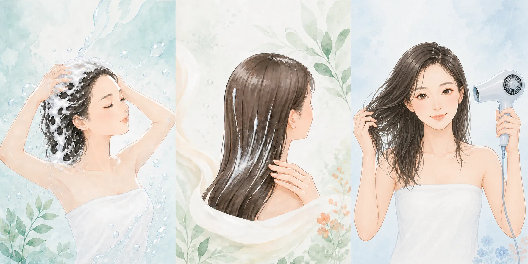 洗う・整える・乾かす前の3つのヘアケア工程を表したイラスト